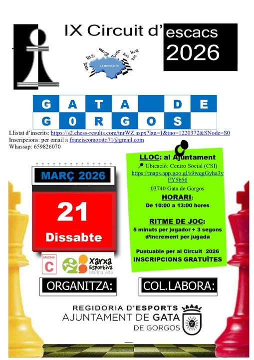 Gata acoge el 21 de marzo una nueva cita del IX Circuit d’Escacs Marina Alta