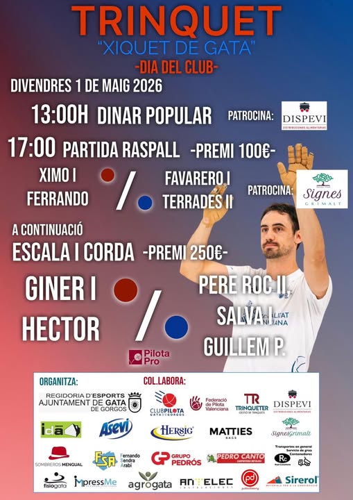 El trinquet Xiquet de Gata acoge el 1 de mayo el Día del Club con partidas de raspall y escala i corda