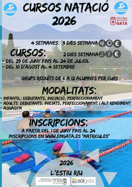 Gata abre en junio las inscripciones para los cursos municipales de natación del verano 2026