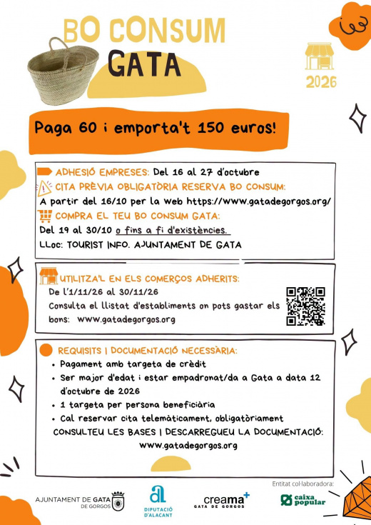 Gata de Gorgos inicia este 19 de octubre la venta de bonos consumo: paga 60 euros y compra por valor de 150