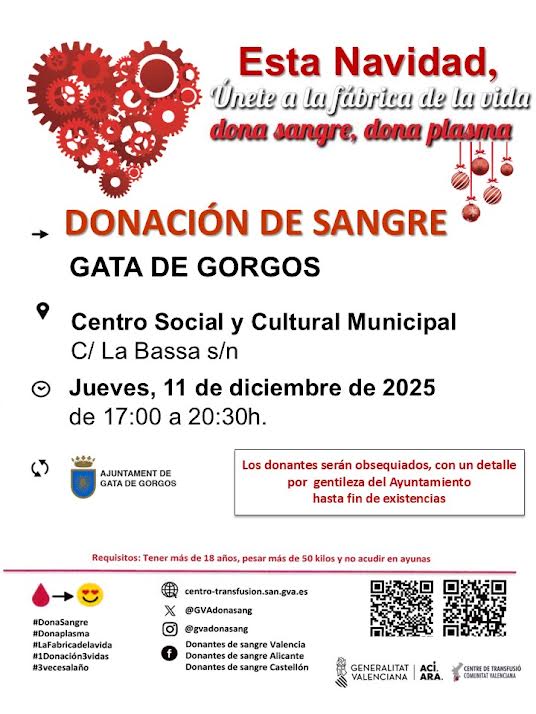 Gata de Gorgos acogerá este jueves una nueva jornada de donación de sangre en el Centro Social y Cultural Municipal